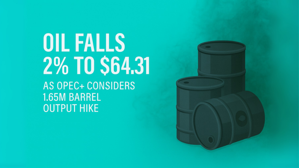 Oil Falls 2% to $64.31 as OPEC+ Considers 1.65M Barrel Output Hike