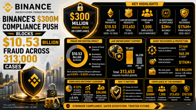 Binance’s $300M Compliance Push Blocks $10.53B Fraud Across 313,000 Cases