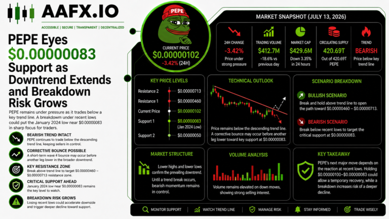 PEPE Eyes $0.00000083 Support as Downtrend Extends and Breakdown Risk Grows