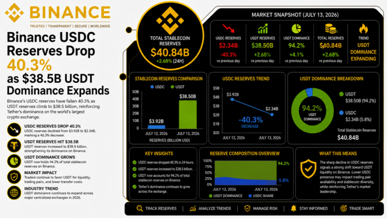 Binance USDC Reserves Drop 40.3% as $38.5B USDT Dominance Expands