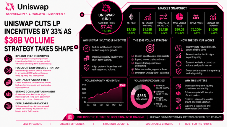 Uniswap Cuts LP Incentives by 33% as $36B Volume Strategy Takes Shape