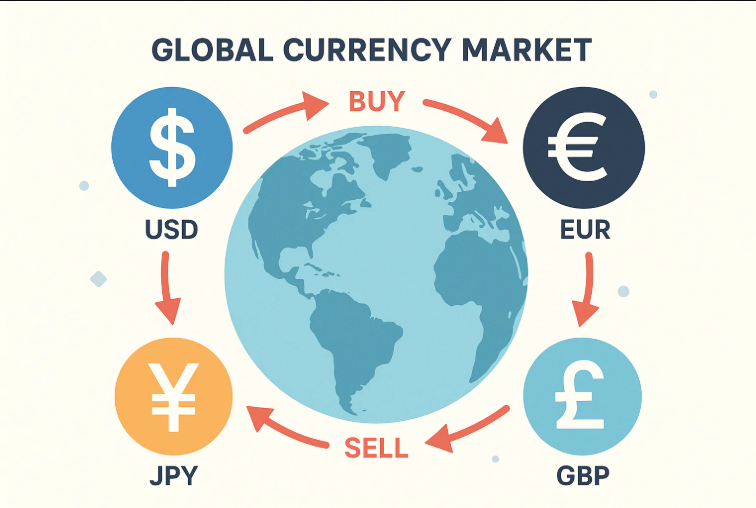 Global currency market showing the U.S. dollar, euro, yen and British pound