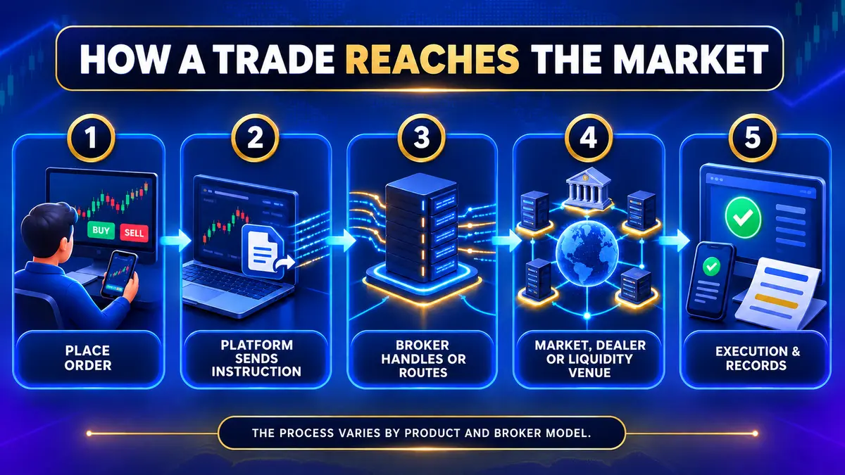 How a retail trade reaches the market through a broker, execution venue, clearing and settlement