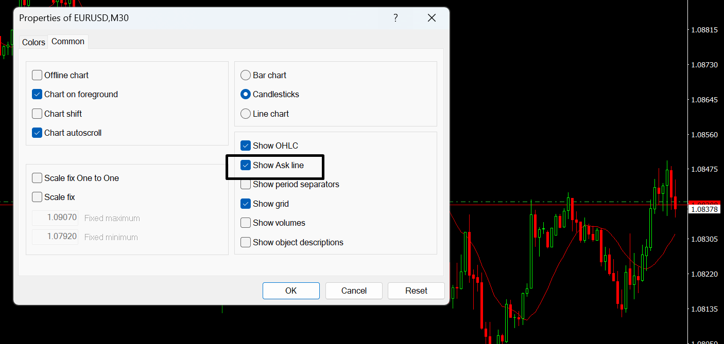 MetaTrader 4 chart properties with the Show Ask line setting enabled