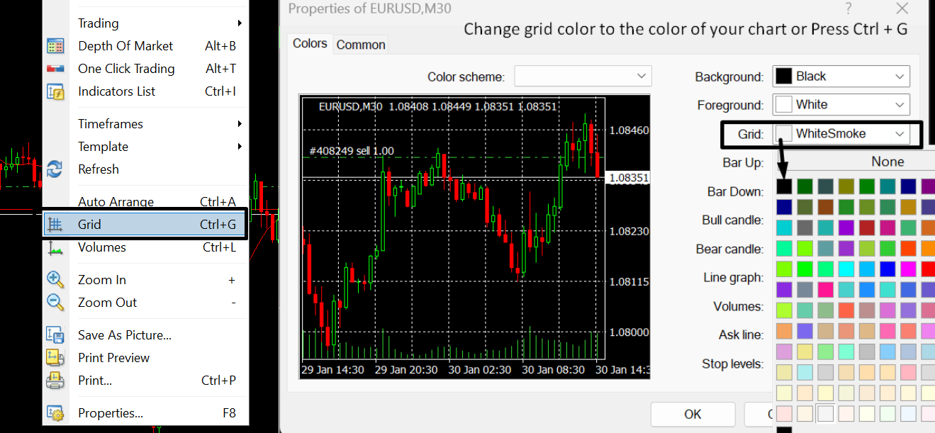 MetaTrader 4 grid and chart colour settings