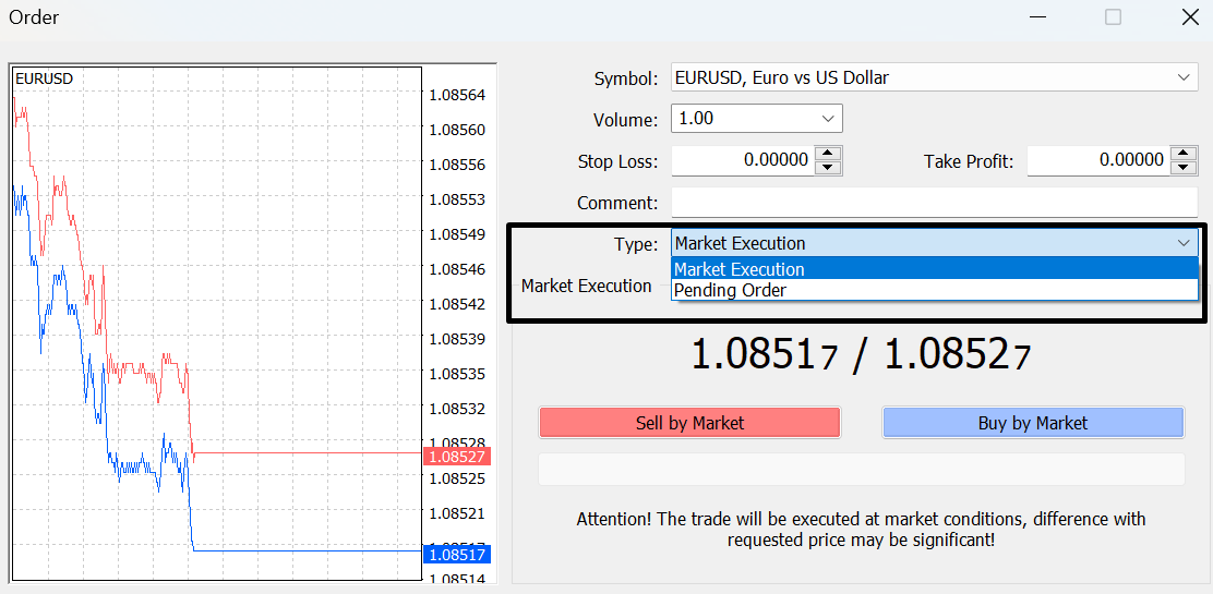 MetaTrader 4 order window showing market execution and pending-order entry