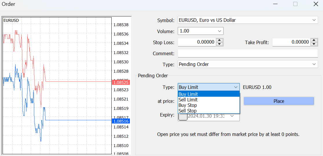 MetaTrader 4 pending-order menu showing buy limit, sell limit, buy stop and sell stop