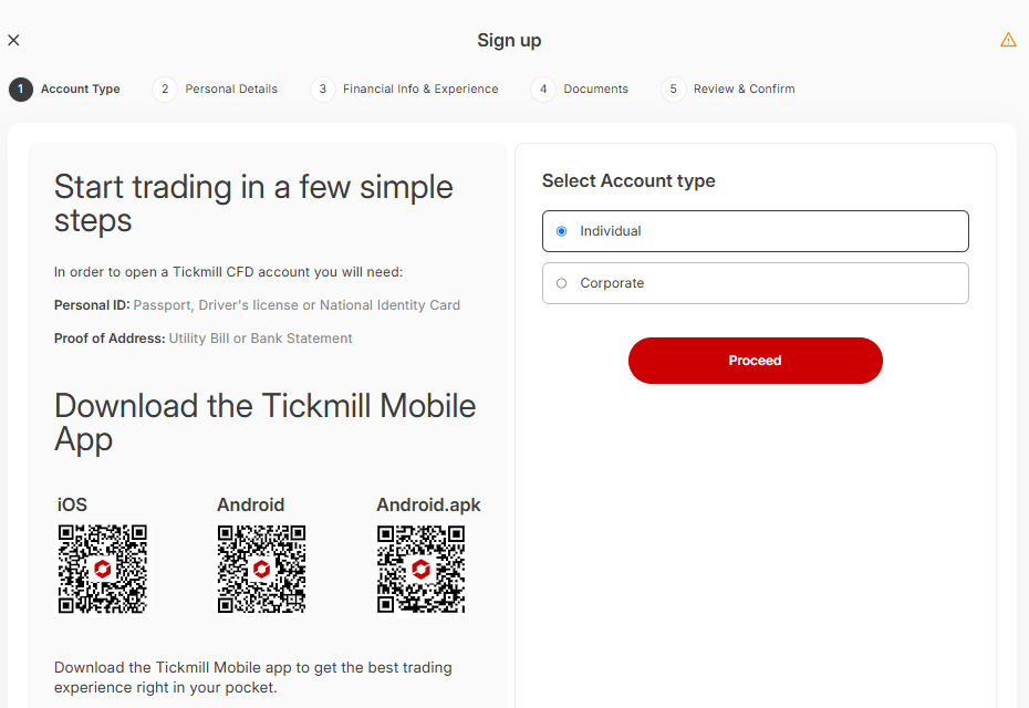 Tickmill account type selection Individual or Corporate