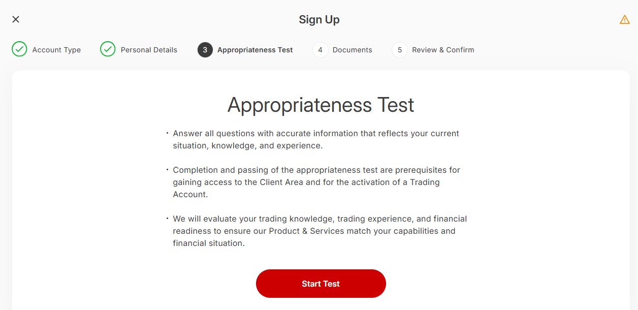 Tickmill Appropriateness Test sign up stage 3