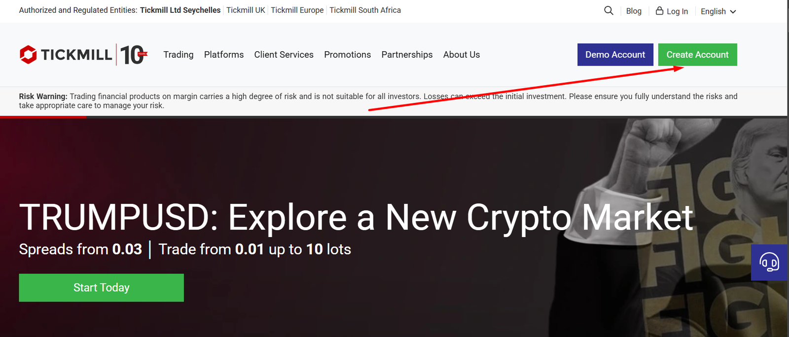 Tickmill homepage Create Account button highlighted 2026