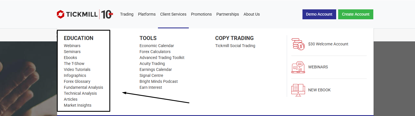 Tickmill website education tools copy trading platform navigation