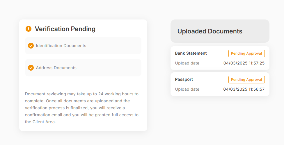 Tickmill KYC verification pending uploaded documents passport bank statement