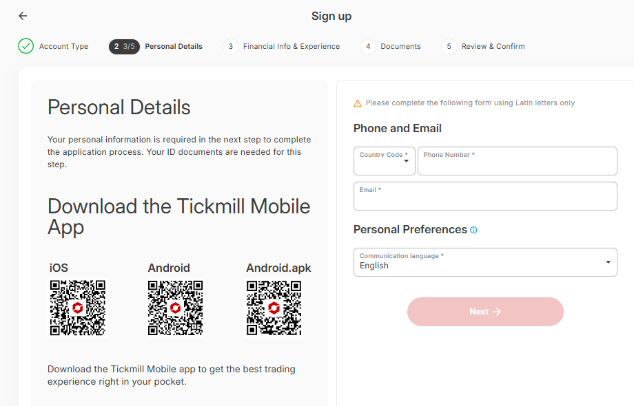 Tickmill registration phone email language fields