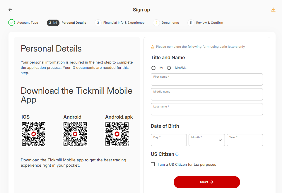Tickmill personal details registration name date of birth