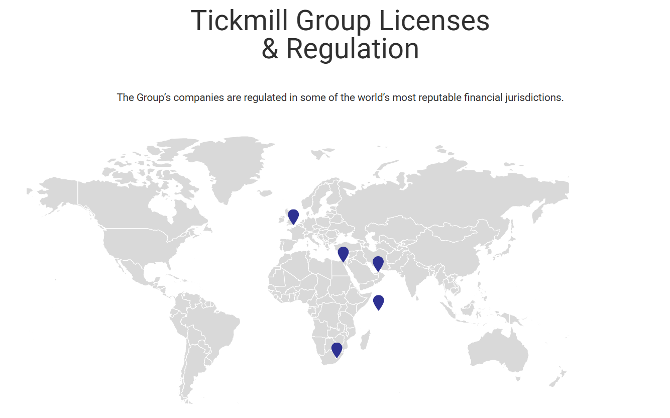 Tickmill Group global licences and regulation world map