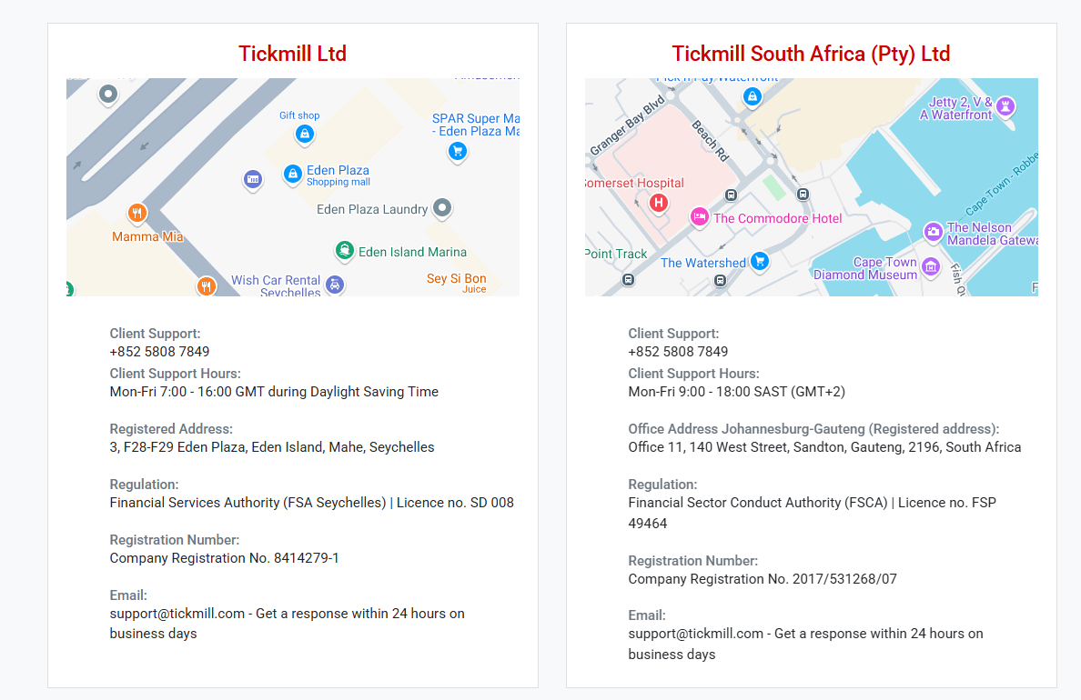 Tickmill regulatory entities Seychelles FSA and South Africa FSCA licences with addresses