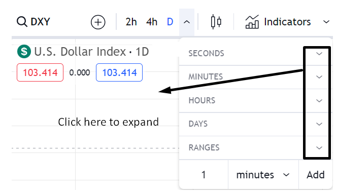 TradingView custom timeframe selector for seconds, minutes, hours and days
